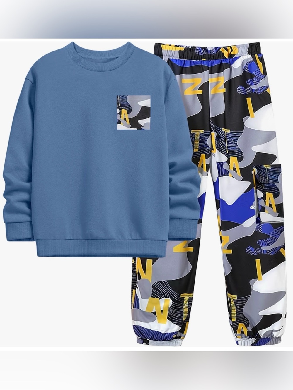 Kids Blue Pullover & Patterned Jogger Outfit Set - 13/14 Youth NWT 2 Pieces 💛💙